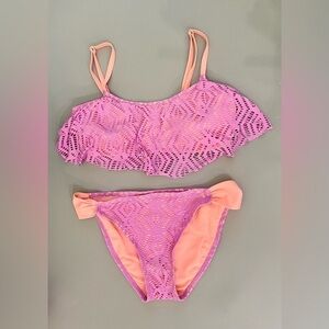 Arizona Swim Bikini Crochet Flounce Orange Purple Overlay Top Large, Bottom Med